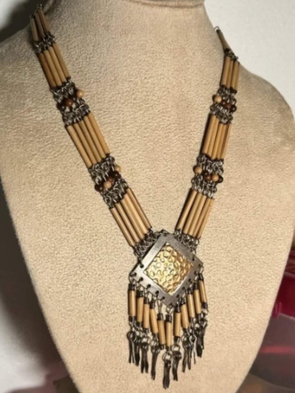 Vintage Southwestern Mixed Metal & Bamboo Tube Choker Statement Necklace